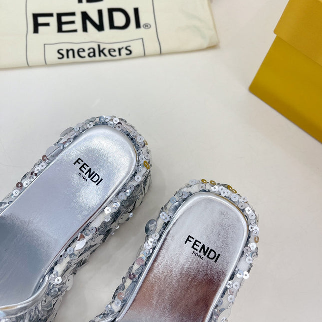 FENDI THICK SOLE 6 CM SEQUIN SLIPPER SILVER