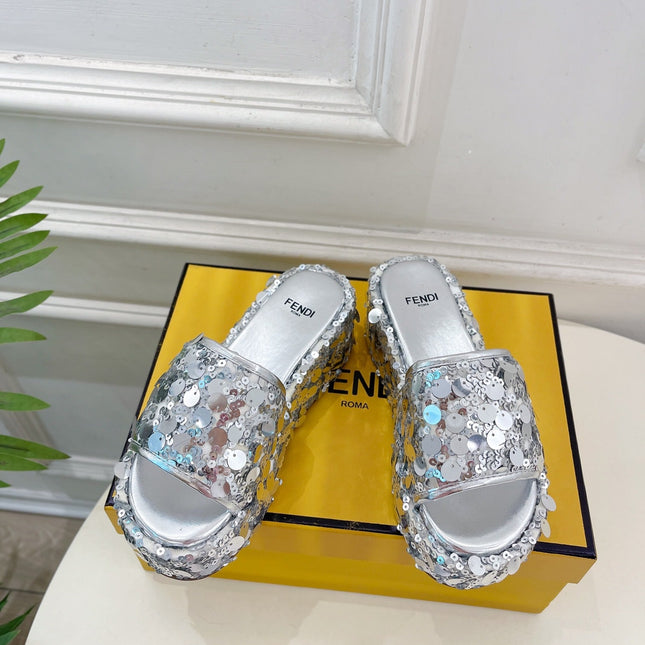 FENDI THICK SOLE 6 CM SEQUIN SLIPPER SILVER