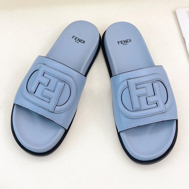 FENDI LOGO SLIDES IN BLUE POWDER CALFSKIN