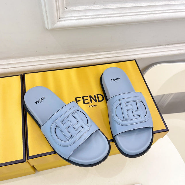 FENDI LOGO SLIDES IN BLUE POWDER CALFSKIN