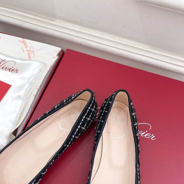 EFFLORESCENCE BALLERINAS IN BLACK TWEED WITH FINE WHITE STRIPES EMBELLISHED CRYSTALS