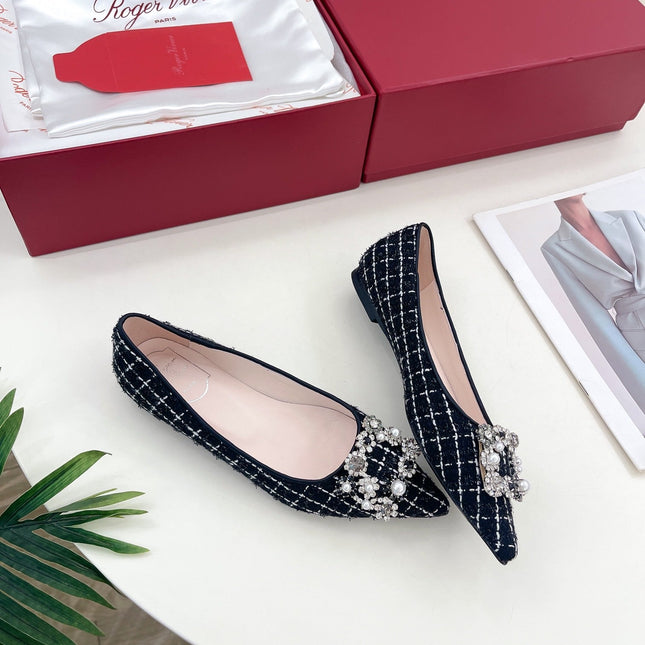 EFFLORESCENCE BALLERINAS IN BLACK TWEED WITH FINE WHITE STRIPES EMBELLISHED CRYSTALS