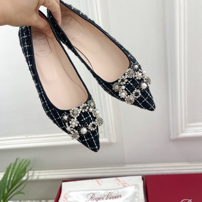 EFFLORESCENCE BALLERINAS IN BLACK TWEED WITH FINE WHITE STRIPES EMBELLISHED CRYSTALS