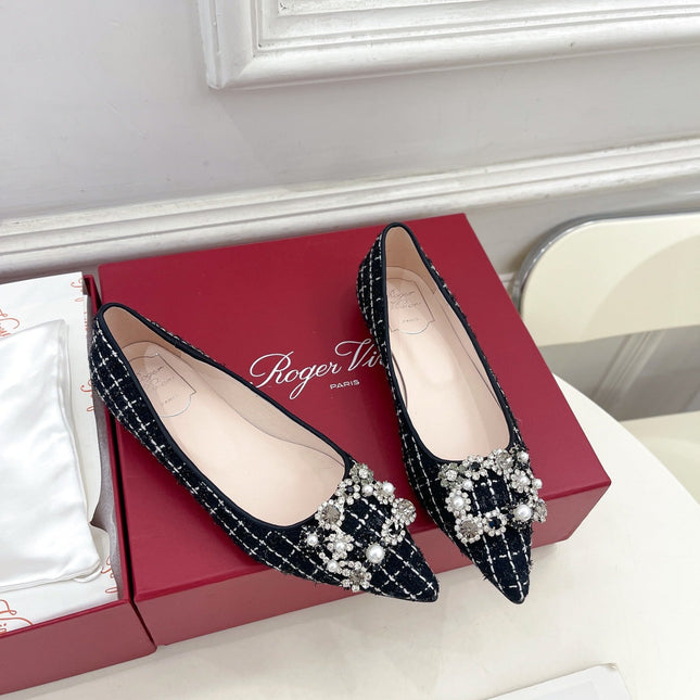 EFFLORESCENCE BALLERINAS IN BLACK TWEED WITH FINE WHITE STRIPES EMBELLISHED CRYSTALS