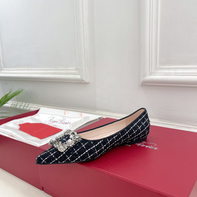 EFFLORESCENCE BALLERINAS IN BLACK TWEED WITH FINE WHITE STRIPES EMBELLISHED CRYSTALS