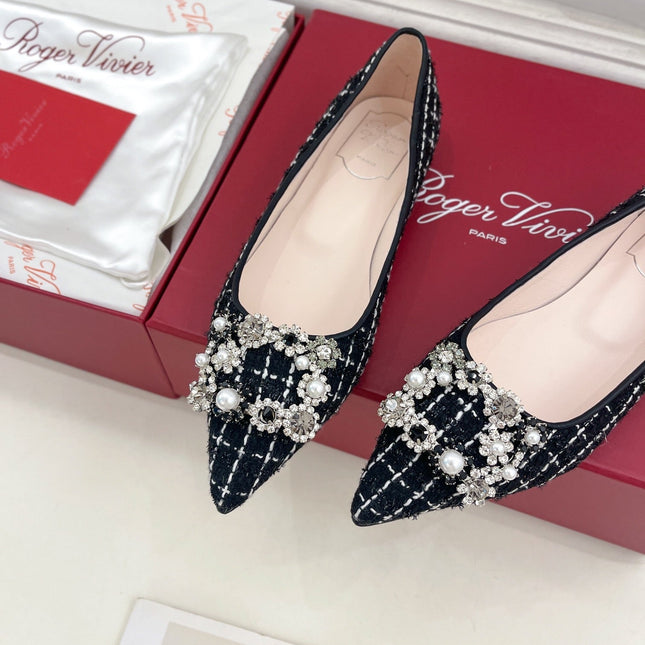 EFFLORESCENCE BALLERINAS IN BLACK TWEED WITH FINE WHITE STRIPES EMBELLISHED CRYSTALS