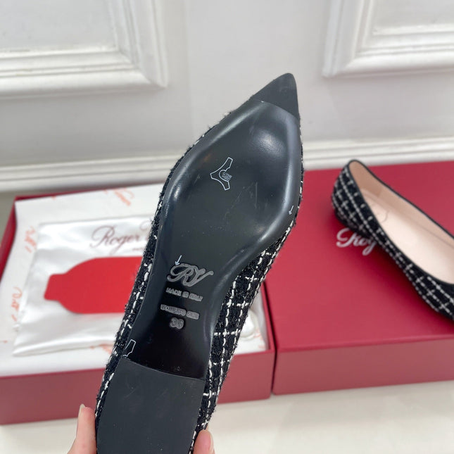 EFFLORESCENCE BALLERINAS IN BLACK TWEED WITH FINE WHITE STRIPES EMBELLISHED CRYSTALS