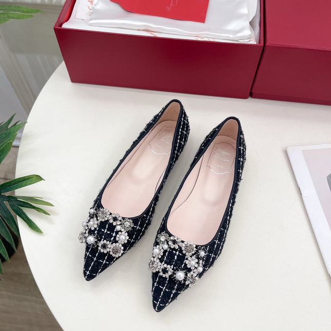 EFFLORESCENCE BALLERINAS IN BLACK TWEED WITH FINE WHITE STRIPES EMBELLISHED CRYSTALS
