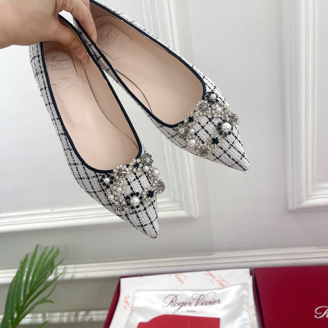 EFFLORESCENCE BALLERINAS IN WHITE TWEED WITH FINE BLACK STRIPES EMBELLISHED CRYSTALS