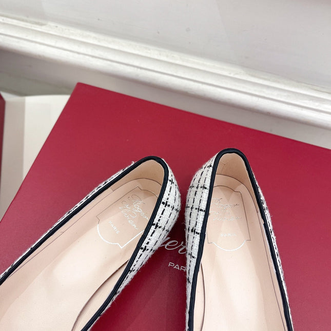 EFFLORESCENCE BALLERINAS IN WHITE TWEED WITH FINE BLACK STRIPES EMBELLISHED CRYSTALS