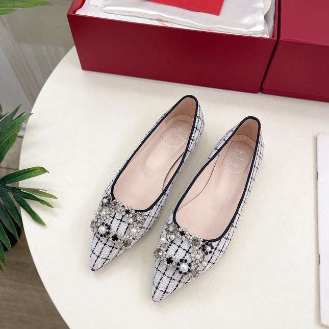 EFFLORESCENCE BALLERINAS IN WHITE TWEED WITH FINE BLACK STRIPES EMBELLISHED CRYSTALS