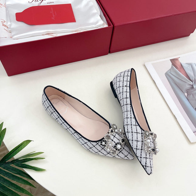 EFFLORESCENCE BALLERINAS IN WHITE TWEED WITH FINE BLACK STRIPES EMBELLISHED CRYSTALS