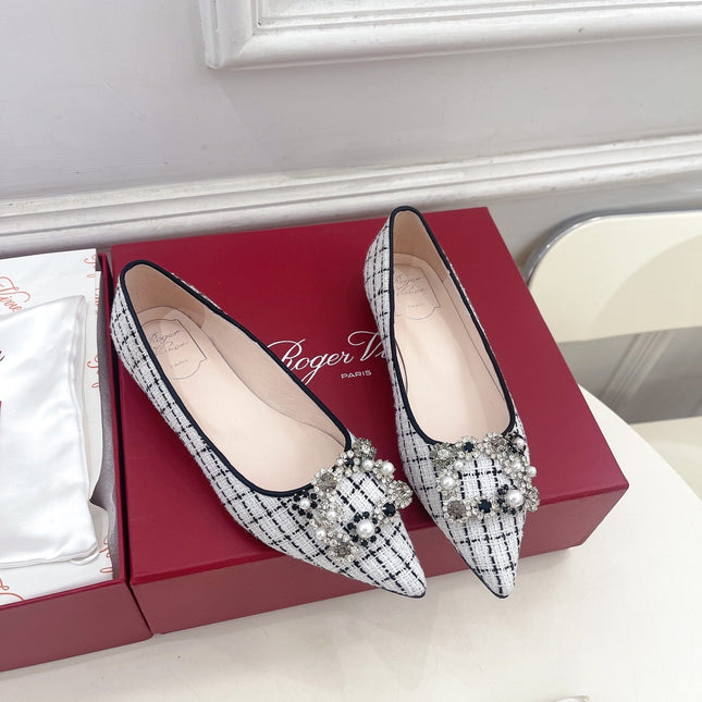EFFLORESCENCE BALLERINAS IN WHITE TWEED WITH FINE BLACK STRIPES EMBELLISHED CRYSTALS
