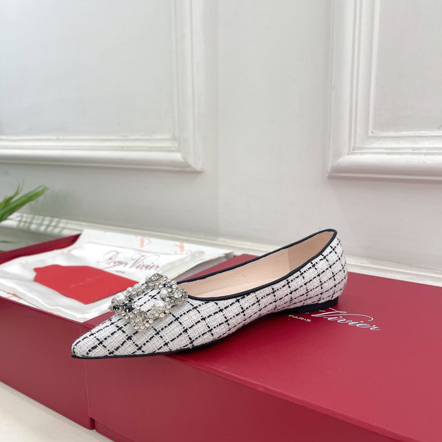EFFLORESCENCE BALLERINAS IN WHITE TWEED WITH FINE BLACK STRIPES EMBELLISHED CRYSTALS