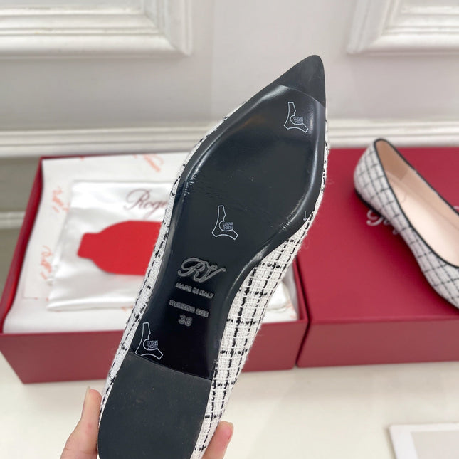 EFFLORESCENCE BALLERINAS IN WHITE TWEED WITH FINE BLACK STRIPES EMBELLISHED CRYSTALS