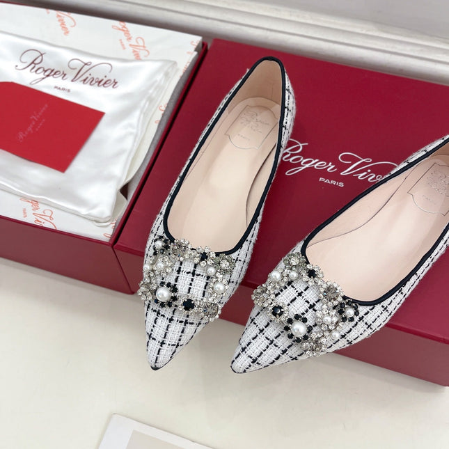 EFFLORESCENCE BALLERINAS IN WHITE TWEED WITH FINE BLACK STRIPES EMBELLISHED CRYSTALS