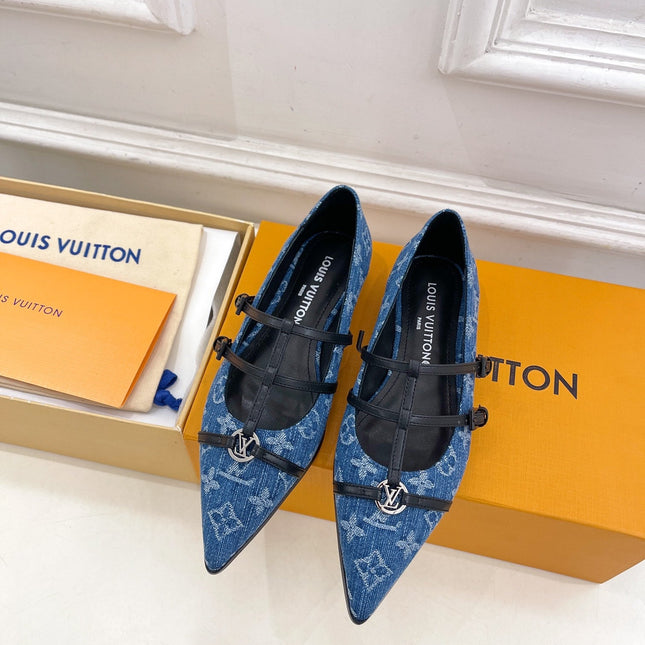 POINTED FLAT SHOES IN COBALT BLUE MONOGRAM DENIM