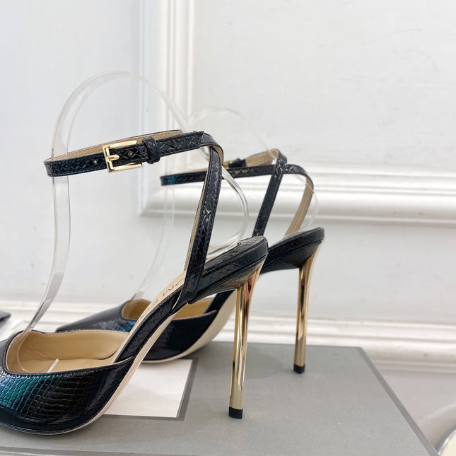 HIGH SLINGBACKS 10 CM IN BLACK SNAKE-PATTERN CALFSKIN