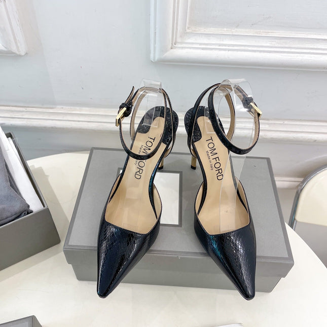 HIGH SLINGBACKS 10 CM IN BLACK SNAKE-PATTERN CALFSKIN