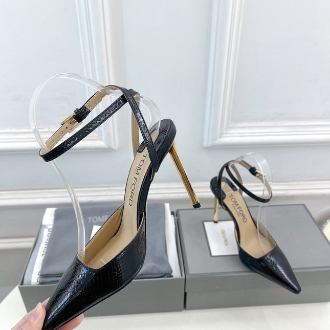 HIGH SLINGBACKS 10 CM IN BLACK SNAKE-PATTERN CALFSKIN