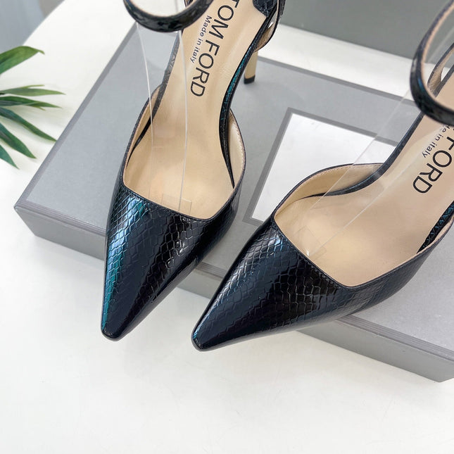 HIGH SLINGBACKS 10 CM IN BLACK SNAKE-PATTERN CALFSKIN