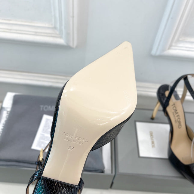 HIGH SLINGBACKS 10 CM IN BLACK SNAKE-PATTERN CALFSKIN