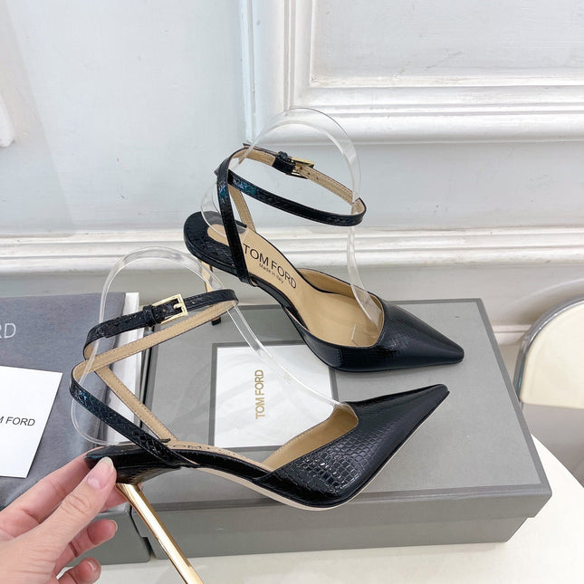 HIGH SLINGBACKS 10 CM IN BLACK SNAKE-PATTERN CALFSKIN