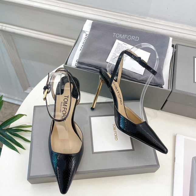 HIGH SLINGBACKS 10 CM IN BLACK SNAKE-PATTERN CALFSKIN