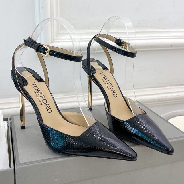 HIGH SLINGBACKS 10 CM IN BLACK SNAKE-PATTERN CALFSKIN