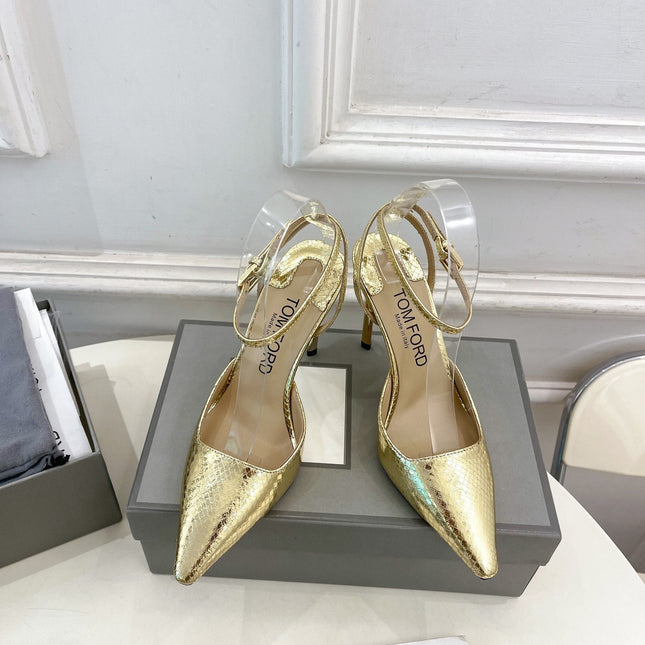 HIGH SLINGBACKS 10 CM IN GOLD SNAKE-PATTERN CALFSKIN