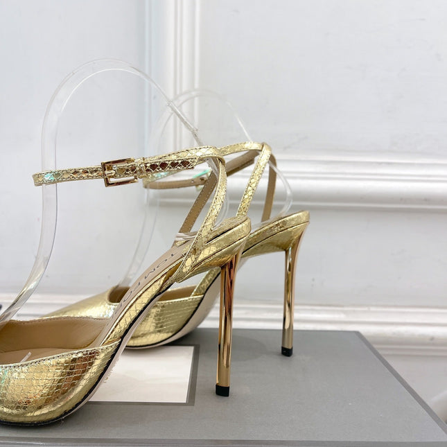 HIGH SLINGBACKS 10 CM IN GOLD SNAKE-PATTERN CALFSKIN