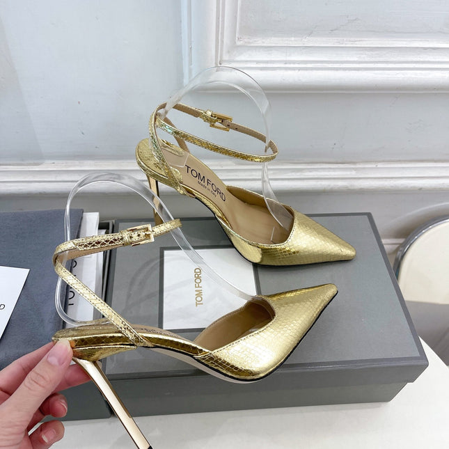 HIGH SLINGBACKS 10 CM IN GOLD SNAKE-PATTERN CALFSKIN