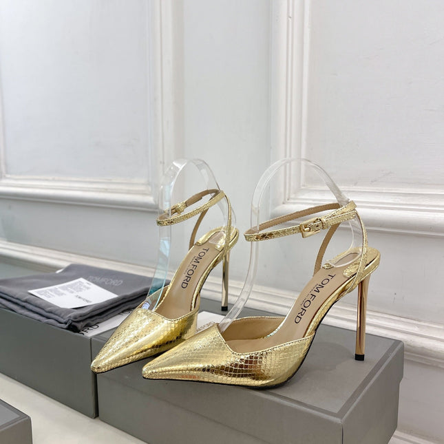 HIGH SLINGBACKS 10 CM IN GOLD SNAKE-PATTERN CALFSKIN