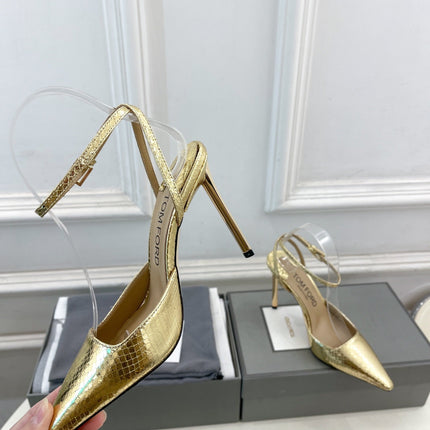 HIGH SLINGBACKS 10 CM IN GOLD SNAKE-PATTERN CALFSKIN