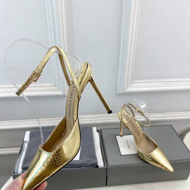 HIGH SLINGBACKS 10 CM IN GOLD SNAKE-PATTERN CALFSKIN