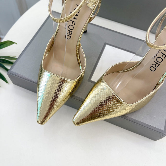 HIGH SLINGBACKS 10 CM IN GOLD SNAKE-PATTERN CALFSKIN