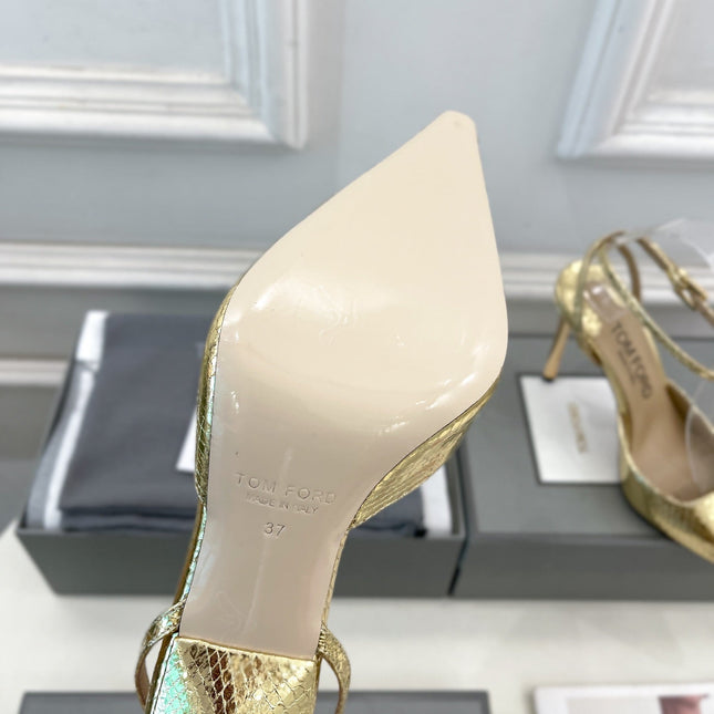 HIGH SLINGBACKS 10 CM IN GOLD SNAKE-PATTERN CALFSKIN