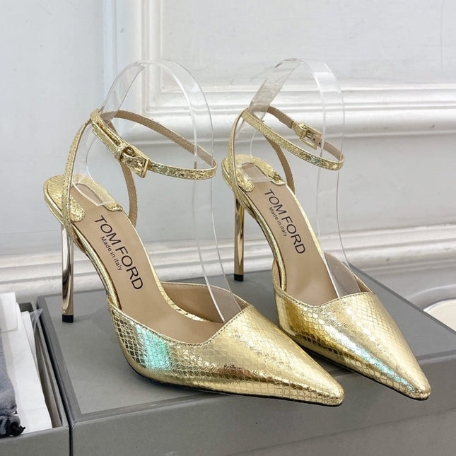HIGH SLINGBACKS 10 CM IN GOLD SNAKE-PATTERN CALFSKIN