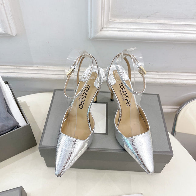 HIGH SLINGBACKS 10 CM IN SILVER SNAKE-PATTERN CALFSKIN