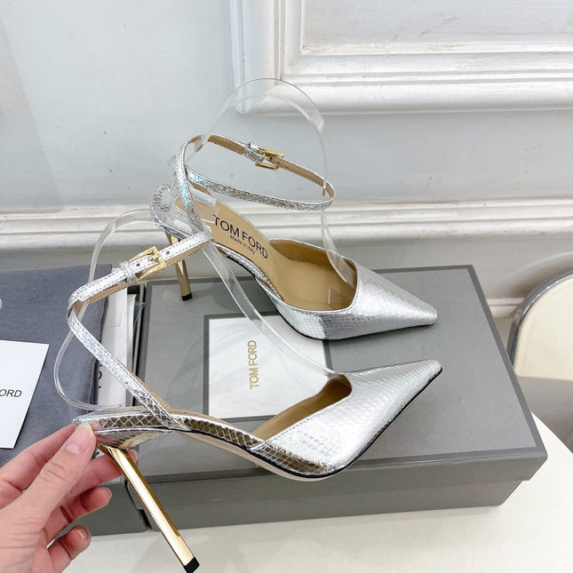 HIGH SLINGBACKS 10 CM IN SILVER SNAKE-PATTERN CALFSKIN