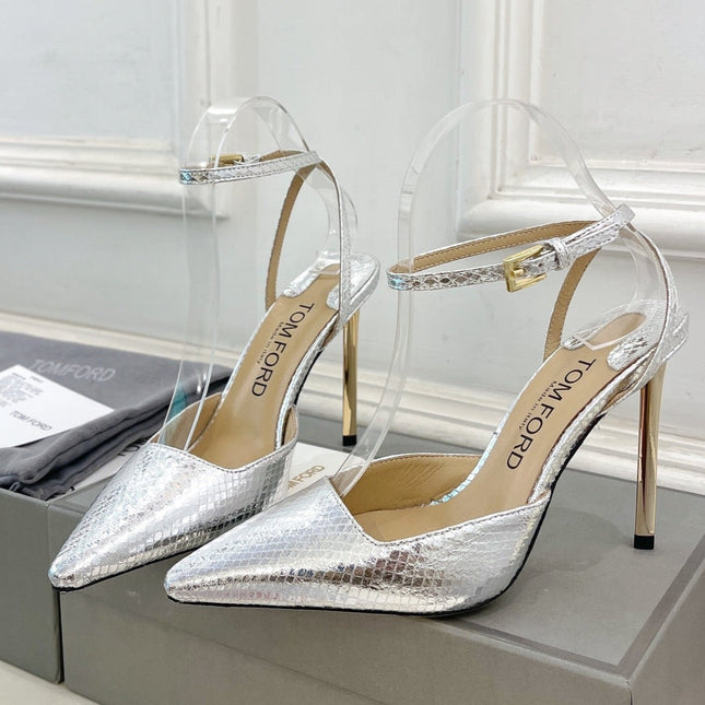 HIGH SLINGBACKS 10 CM IN SILVER SNAKE-PATTERN CALFSKIN