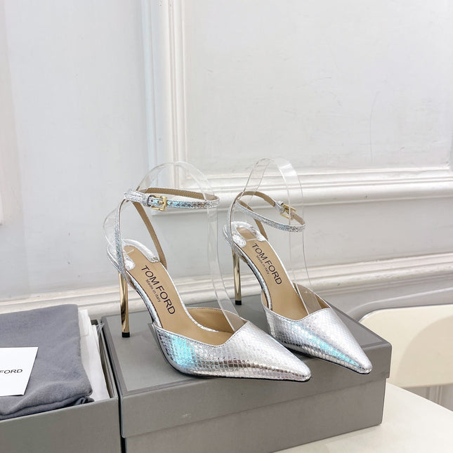 HIGH SLINGBACKS 10 CM IN SILVER SNAKE-PATTERN CALFSKIN