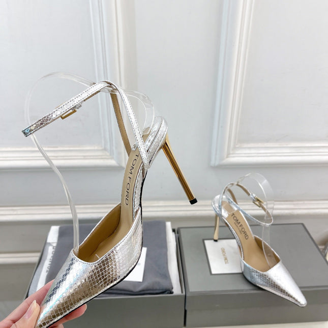 HIGH SLINGBACKS 10 CM IN SILVER SNAKE-PATTERN CALFSKIN