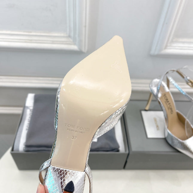 HIGH SLINGBACKS 10 CM IN SILVER SNAKE-PATTERN CALFSKIN