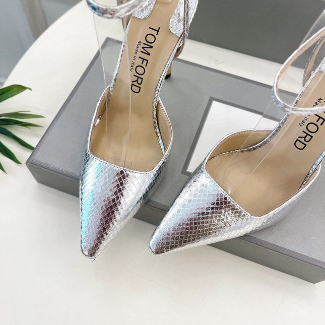 HIGH SLINGBACKS 10 CM IN SILVER SNAKE-PATTERN CALFSKIN