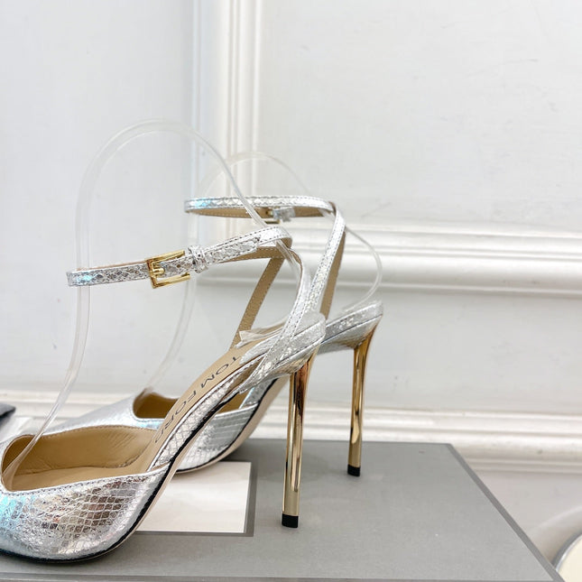 HIGH SLINGBACKS 10 CM IN SILVER SNAKE-PATTERN CALFSKIN