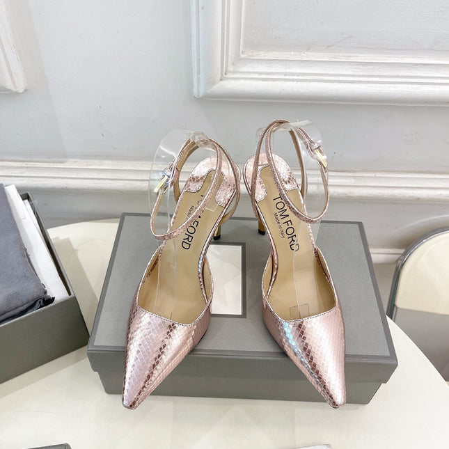 HIGH SLINGBACKS 10 CM IN LIGHT PINK SNAKE-PATTERN CALFSKIN