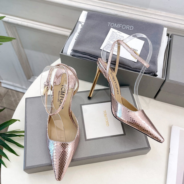 HIGH SLINGBACKS 10 CM IN LIGHT PINK SNAKE-PATTERN CALFSKIN