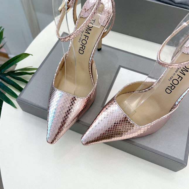 HIGH SLINGBACKS 10 CM IN LIGHT PINK SNAKE-PATTERN CALFSKIN