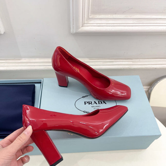 SQUARE TOE HIGH PUMPS IN CRIMSON RED GLOSSY CALFSKIN